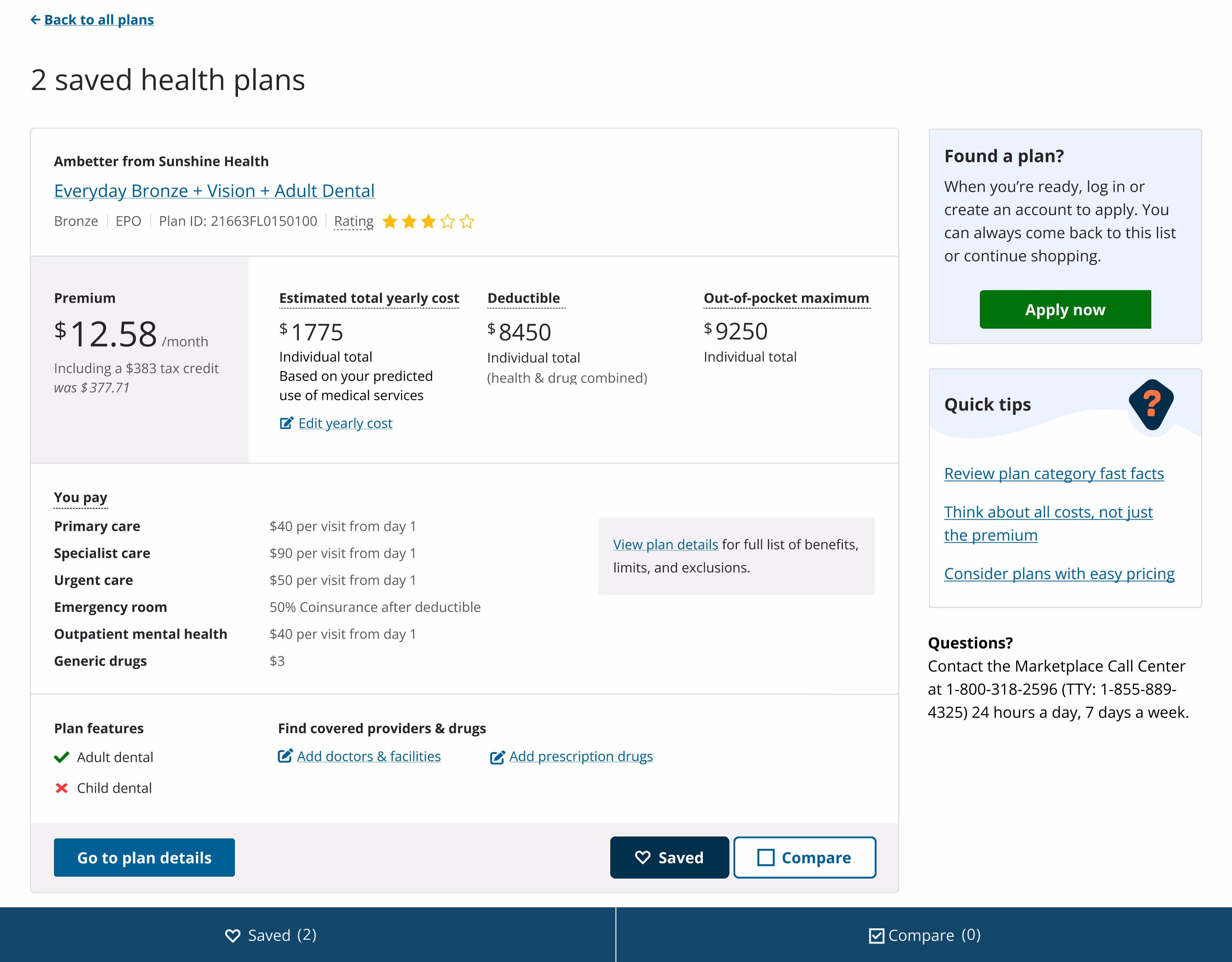 'Saved Plans' page